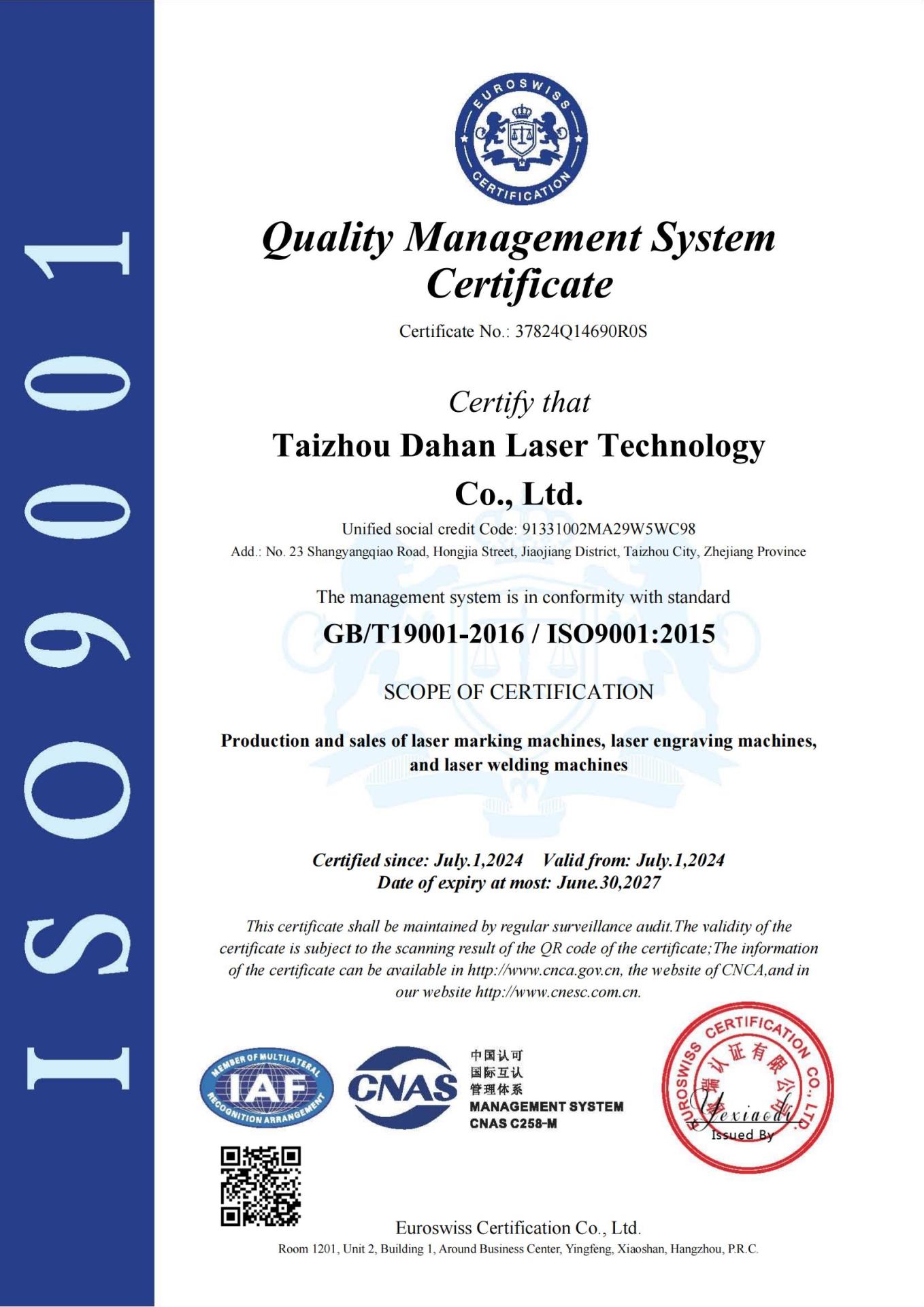 ISO9001 quality management system certification